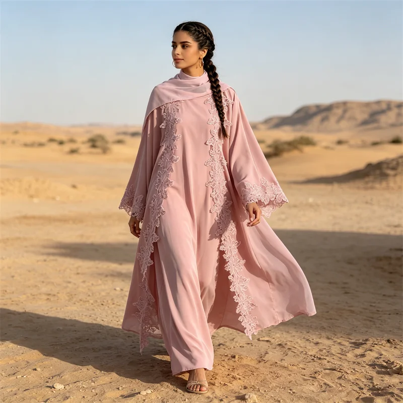 

2PCS Lace Open Abaya Set Muslim Women Party Dress Ramadan Islam Clothing Dubai Turkey Kaftan Kimono Open Abayas Kebaya Jalabiya