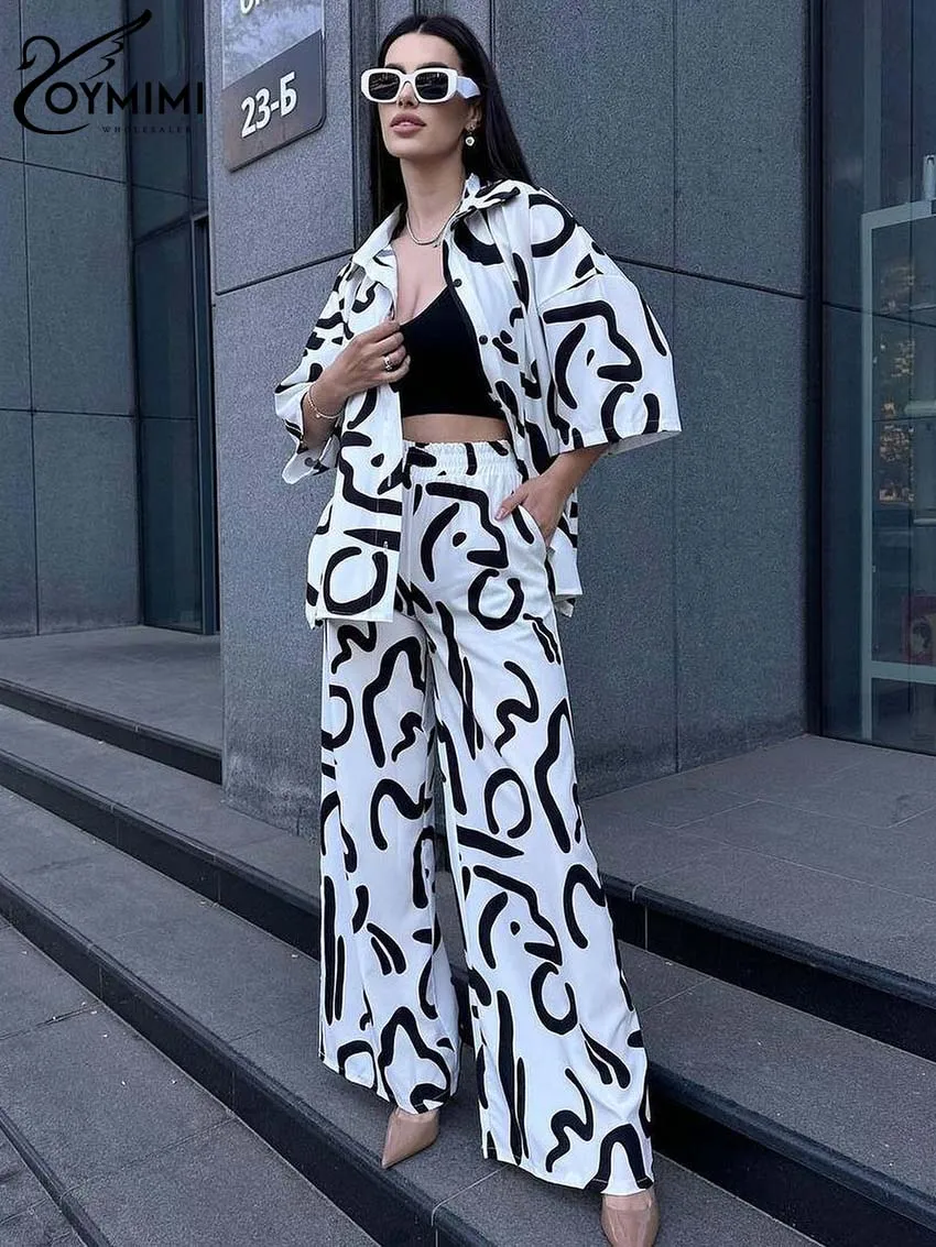 

Oymimi Fashion White Print Women 2 Piece Set Outfit Elegant Lapel Three Quarter Sleeve Shirts And High Waist Straight Pants Sets