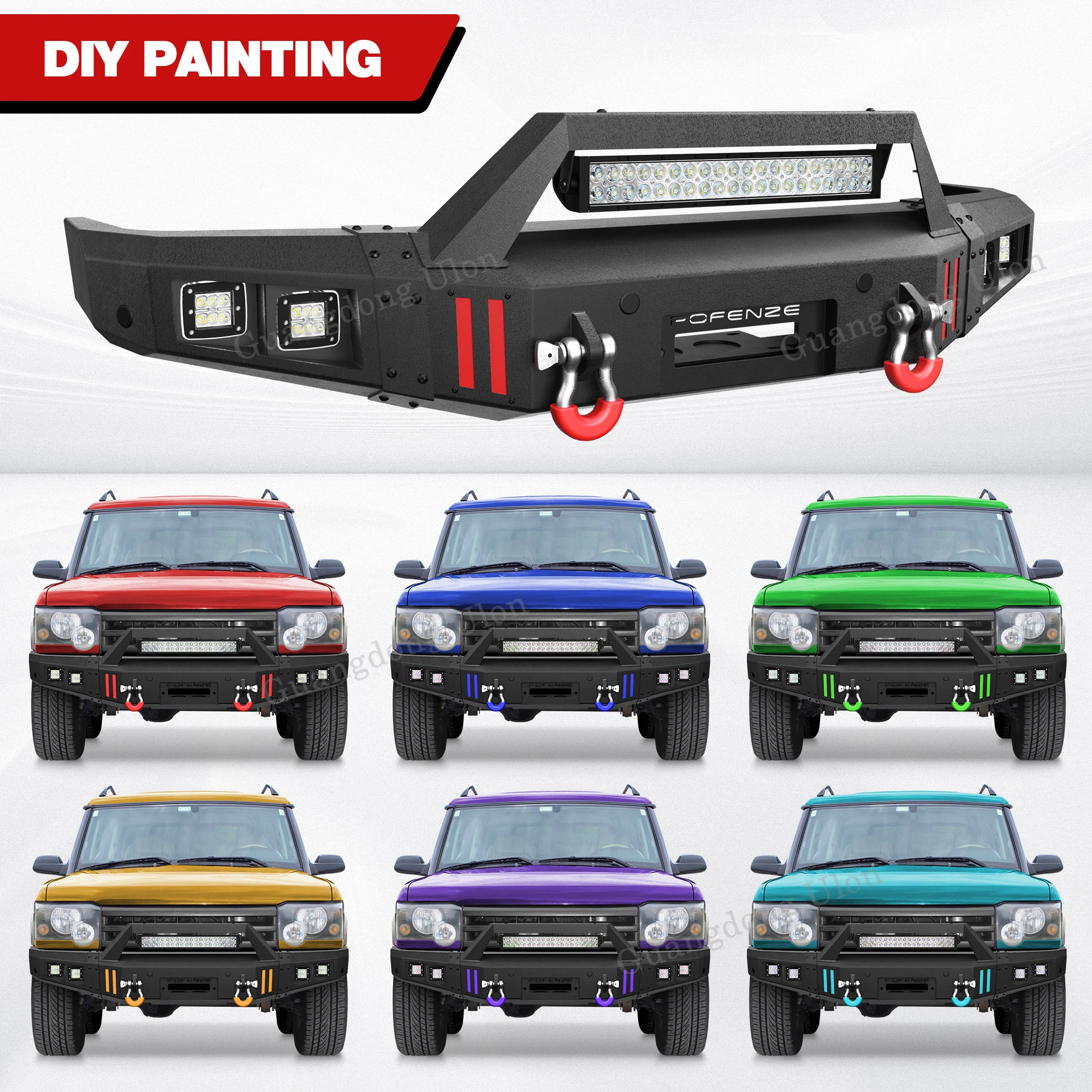 ULON Factory Price Front Bumper Fit Land Rover Discovery 2 1999-2004 Built-in LED Lights, Winch Plate, 2 Inch Hitch Receiver