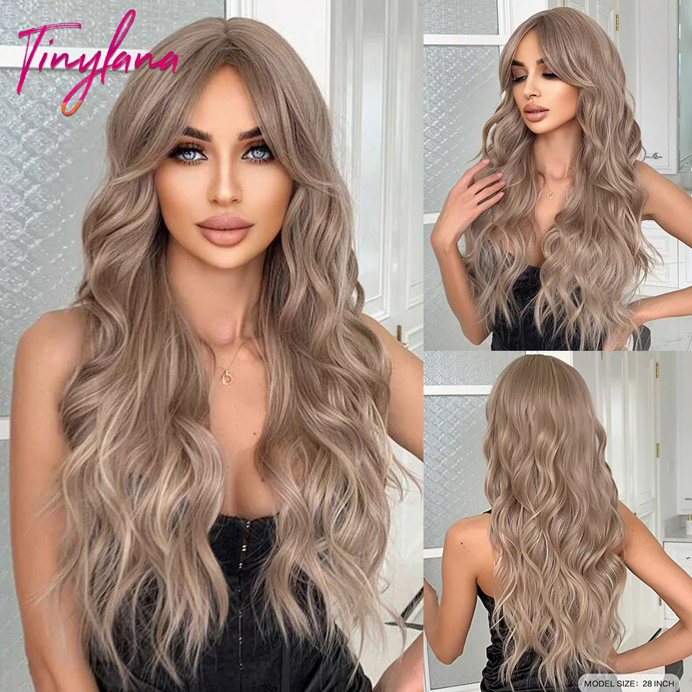 Long Wavy Orange Brown Synthetic Wig with Bangs, Cosplay