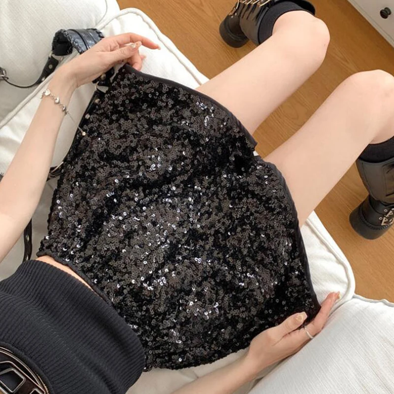 Women Fashion Sequin Black Shorts Summer Streetwear Elastic High Waist Hot Pants Nightclub Party Dance Shiny Sequin Shorts