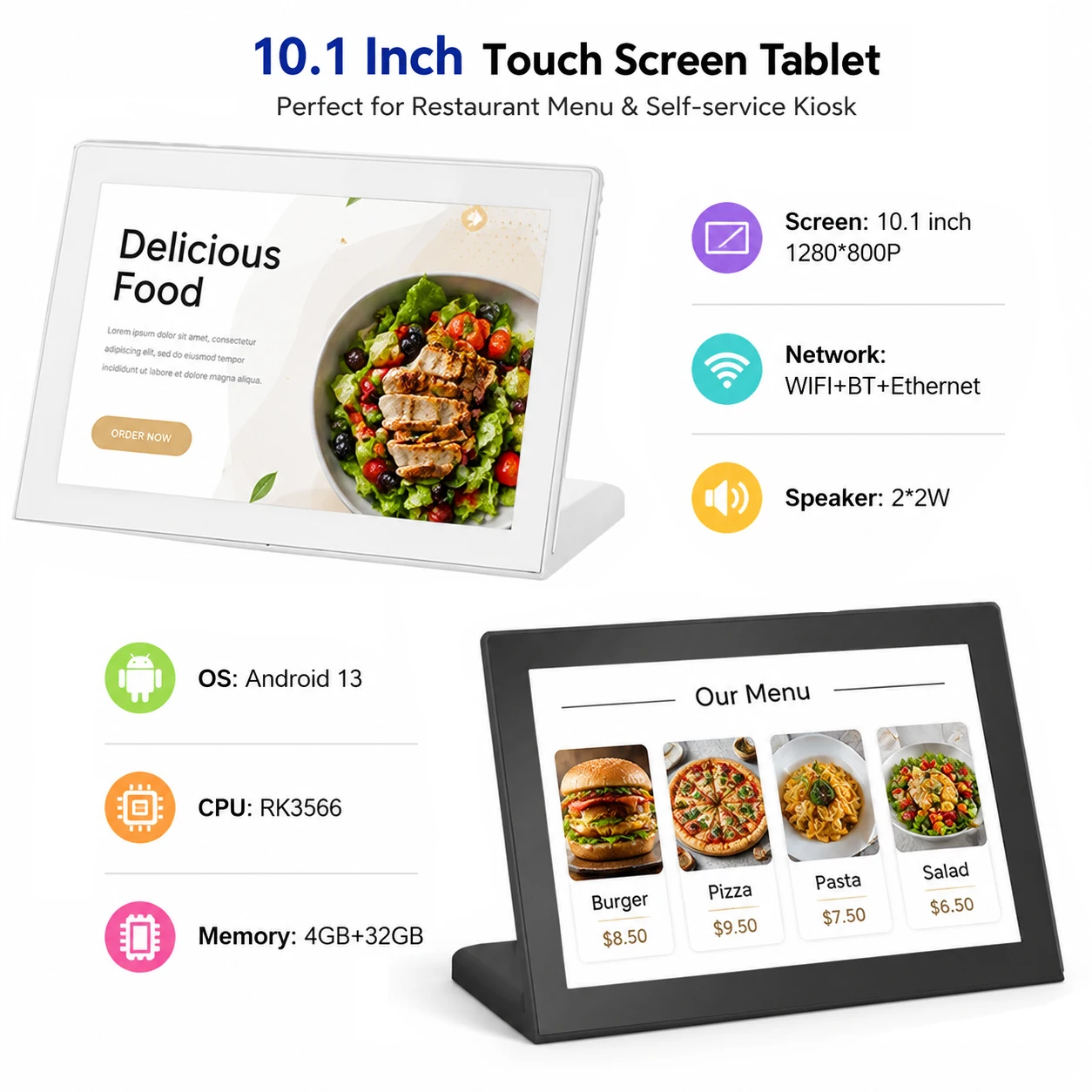 10.1 Inch Loyverse Supported Desktop POS Tablet Android13 RK3566 4GB 32GB Restaurant Menu Self Service Kiosk