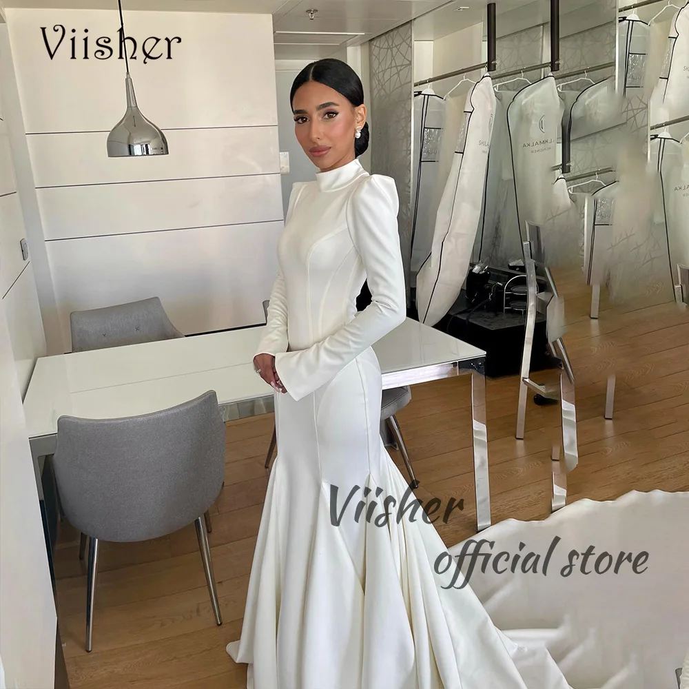 Viisher-vestidos de novia de línea A de satén blanco, manga larga, Sexy, vestido de novia largo dividido, Simple, vestidos de fiesta de boda en la playa con tren