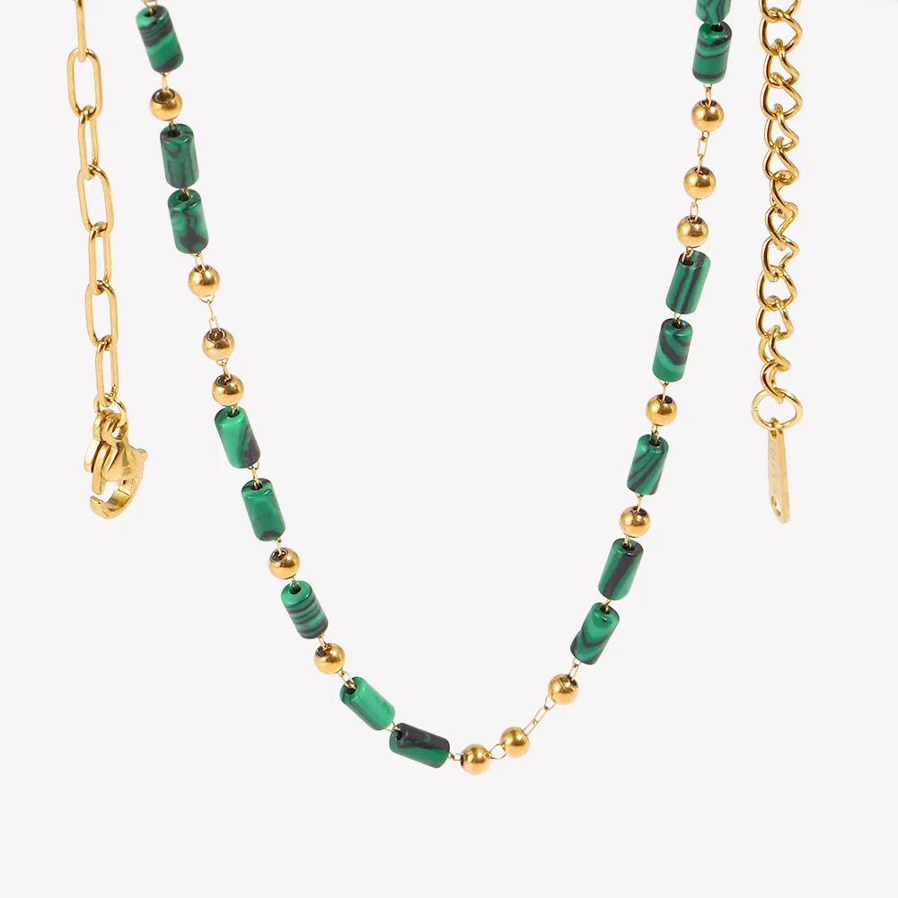 E.B.belle Geometric Clip Beads Green Cylinder Natural Stone Necklace PVD Plated Stainless Steel Women Party Basic Jewelry