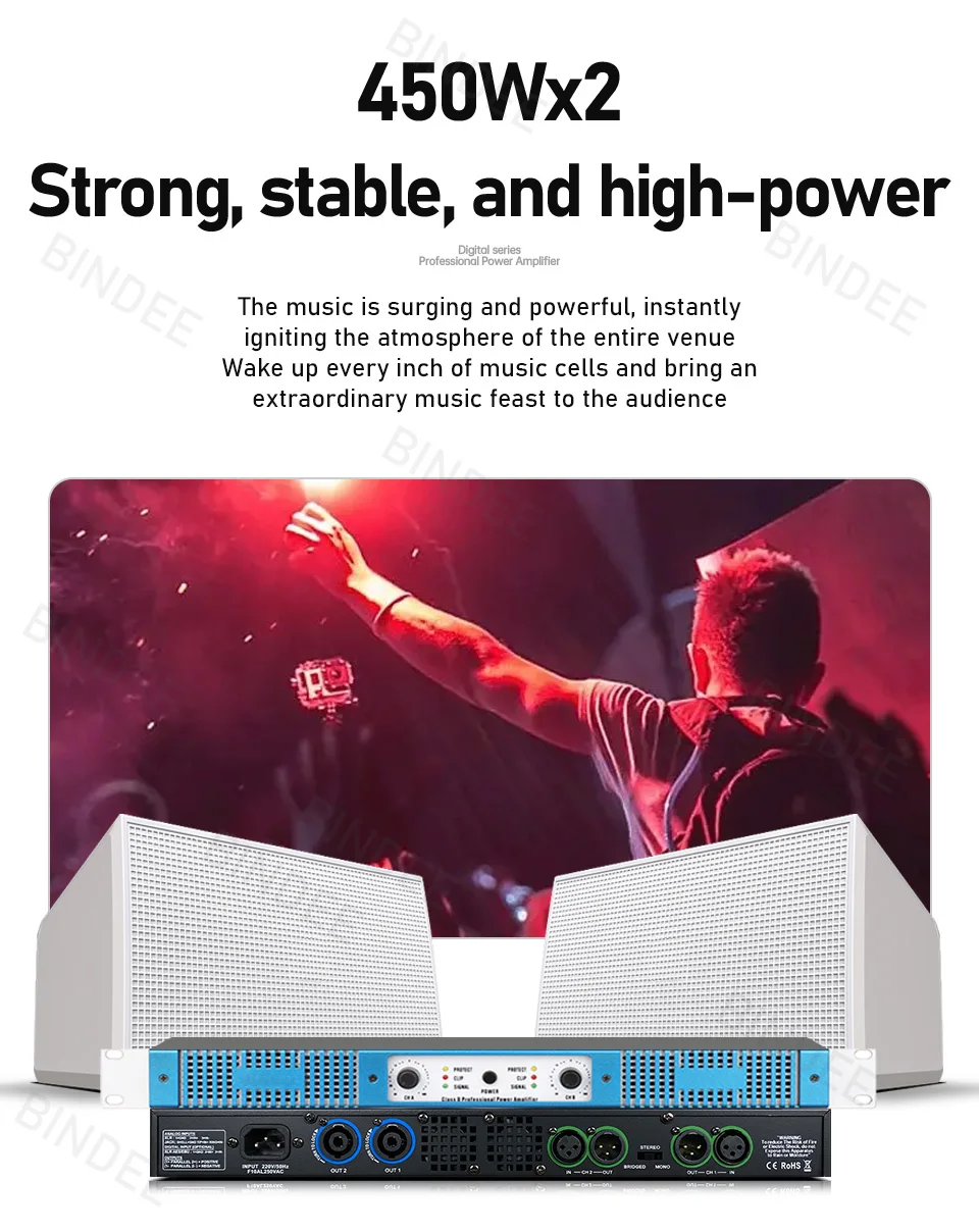 450W*2  Slim 1U Digital Power Amplifier, Suitable for Churches, Schools, Bars, DJ Karaoke, Home Outdoor Professional Amplifier