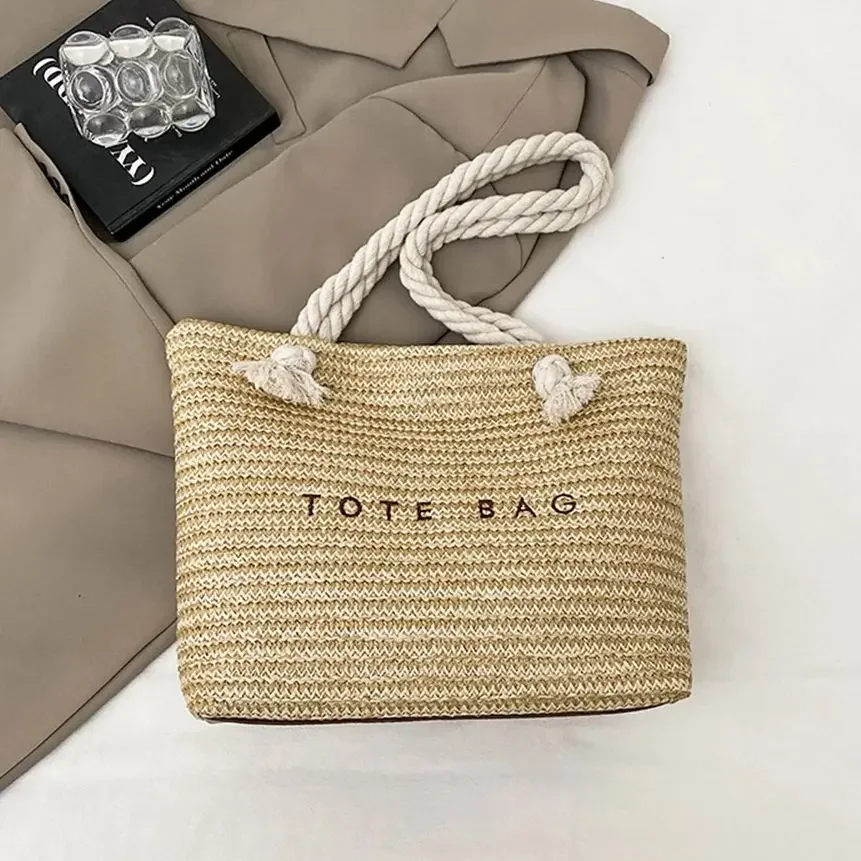 

Woven Straw Tote Bag For Women Summer New Knot Strap Beach Vacation Shoulder Bag Fashion Large Capacity Commute Female Handbags