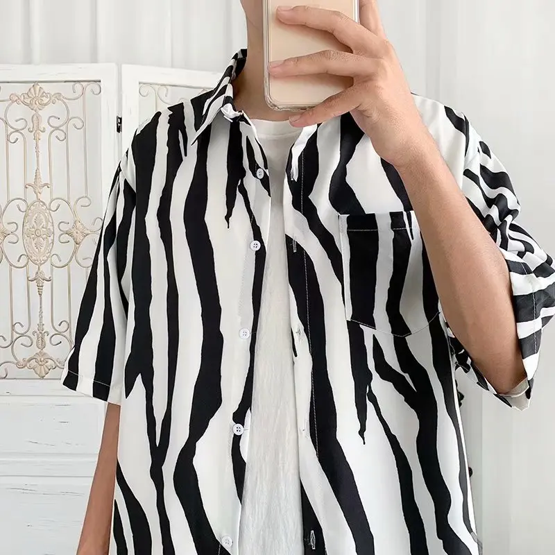Summer Thin Short Sleeve Men's Striped Shirt Trendy Half Sleeve Floral Print Loose Fit Youthful Style No Ironing Treatment