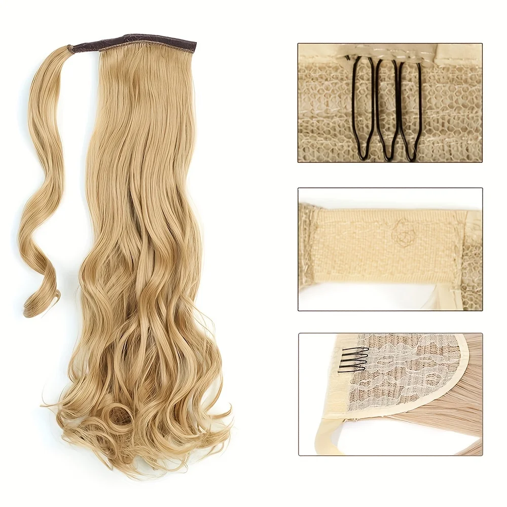 Long Curly Ponytail Extension Magic Paste Heat Resistant Wavy Synthetic Wrap Around Ponytail Hairpieces for Women Girls