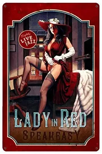 Retro Vintage Metal Plaque Sign Lady in Red Speakeasy Pin Up Girl for Home Bar Kitchen Pub Wall Decor Signs 12x8inch