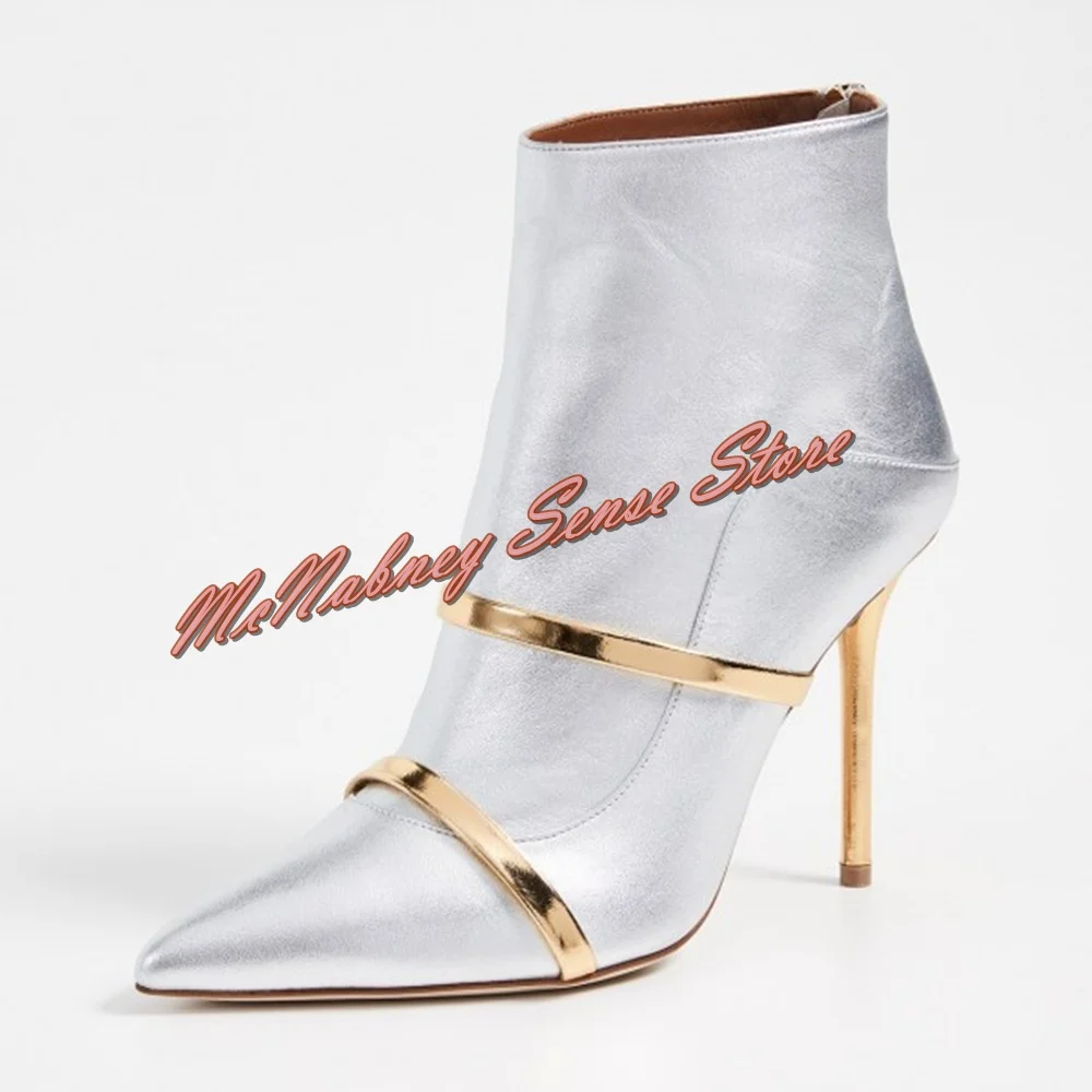 Silver Pointy Toe Stiletto Boots Gold Strap Thin High Heels Short Shoes Solid Leather Side Zipper Boots Women Spring Party Dress