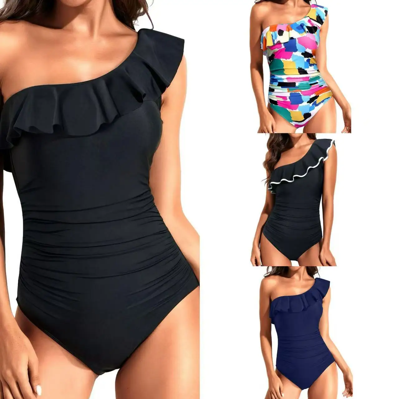 2026 New One Shoulder Swimwear Women One Piece Swimsuit Female Bodysuit Monokini Patchwork Bathing Suit Beachwear Swimming Suit