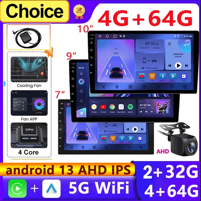 7 9 10”Android 13 64G Multimedia 2Din Car Radio Carplay Auto Player GPS Navigation for Toyota Hyundai Nissan Kia LADA FIAT VW