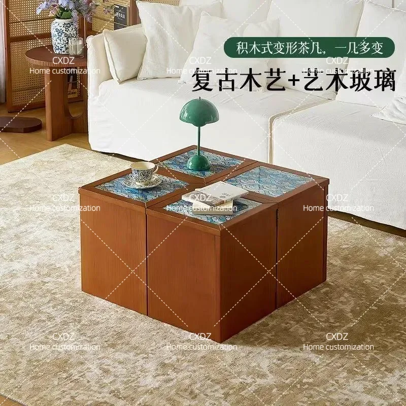 Foldable Solid Wood Coffee Table with Glass Wave Pattern Cream Style Combination Tea Table for Small Apartment Living Room