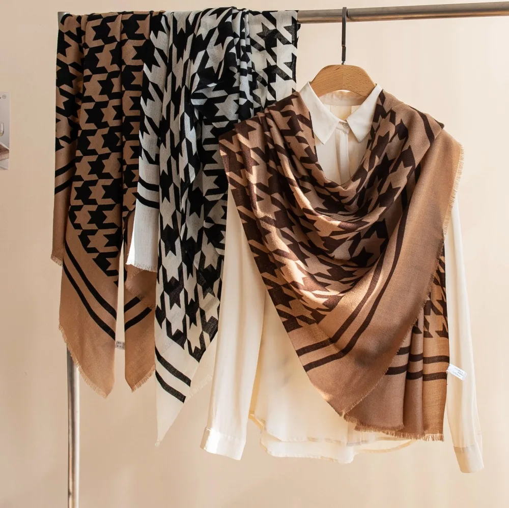 2026 Spring Houndstooth Warm 100% Wool Scarf Shawl Elegant Autumn Accessories Long Wraps High End Woolen Stole Pashmina Poncho