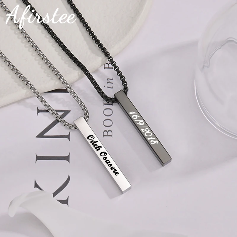 Personalized Stainless Steel Engrave Name Bar Pendant Necklace Custom Letter Date Black Necklaces For Men Women Jewelry Gift