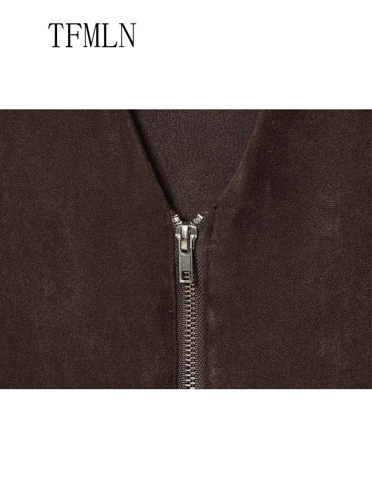 معاطف نسائية غير رسمية بسحاب موضة خريف 2025 على شكل حرف v بدون أكمام برباط أنيق ملابس الشارع الشهير جيوب عتيقة سترات متينة #4