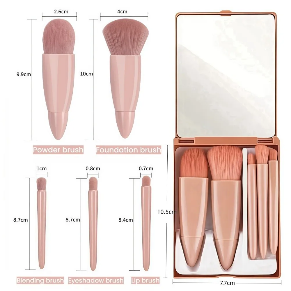 Set da 5 pezzi Set di pennelli per trucco morbido con custodia Mini pennelli per trucco portatili Strumenti di bellezza con kit di pennelli cosmetici a specchio