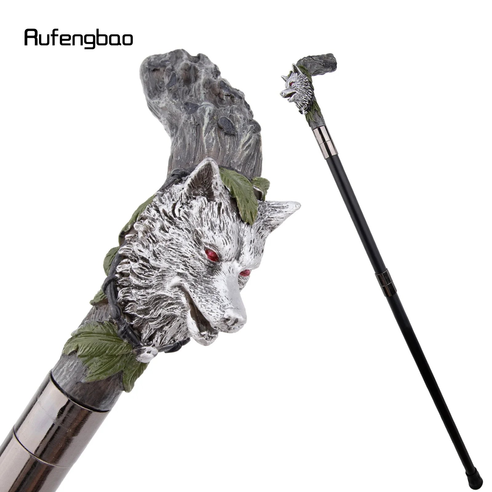 Silver Resin Wolf Head Tree Root Walking Cane Stick for Cosplay Everyday Use with Deluxe Box 93cm Performance Stage Cane