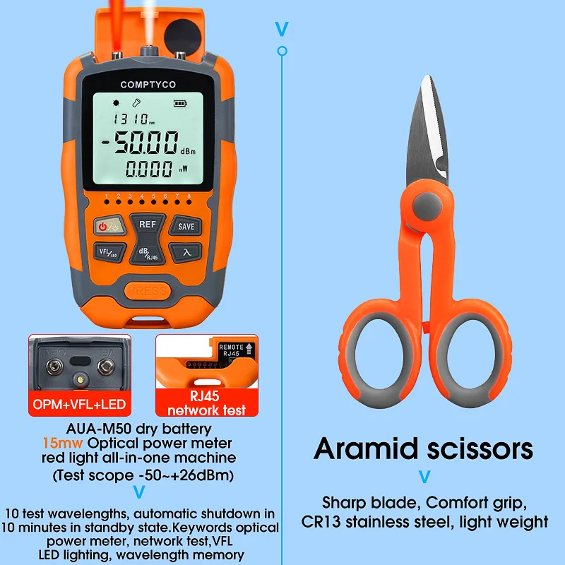 Imagem -04 - Kit de Ferramentas de Fibra Óptica Ftth50 Mais 26dbm 70+ 10dbm 4in1 Mini Medidor de Potência Óptica com 15mw Localizador Visual de Falhas Aua-7s Fibra Cleaver