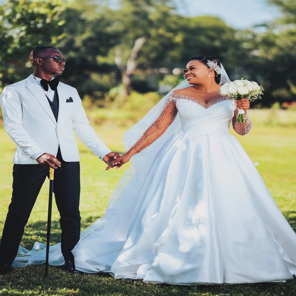 

Свадебное платье трапециевидной формы с прозрачным вырезом и блестящими бусинами, Vestido De Noiva, большие размеры, свадебные платья с длинными рукавами