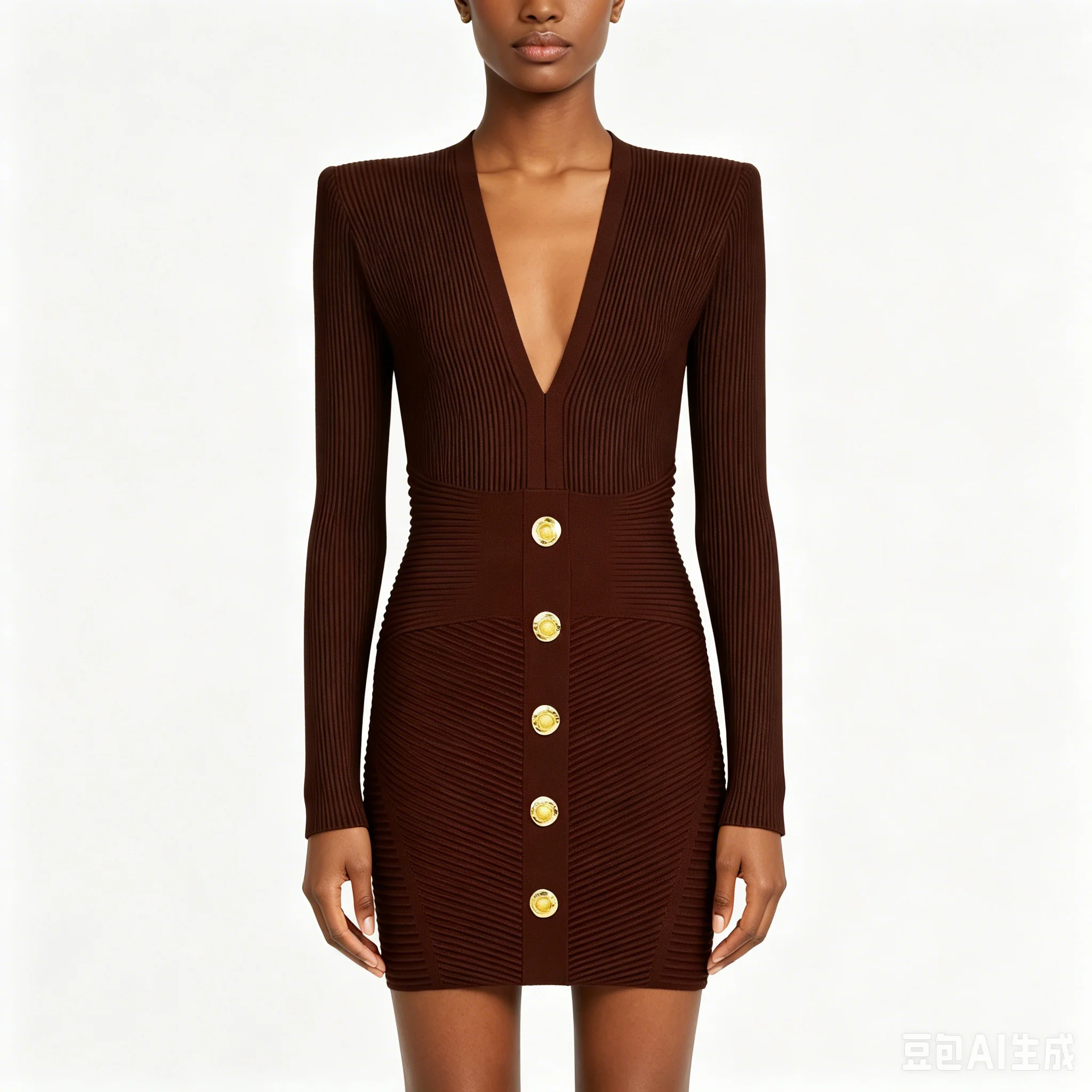 High Quality New V-neck Button Long Sleeved Waist Seal, Slim Fit, Hip Bag, Elastic Knit Temperament Women's Dress