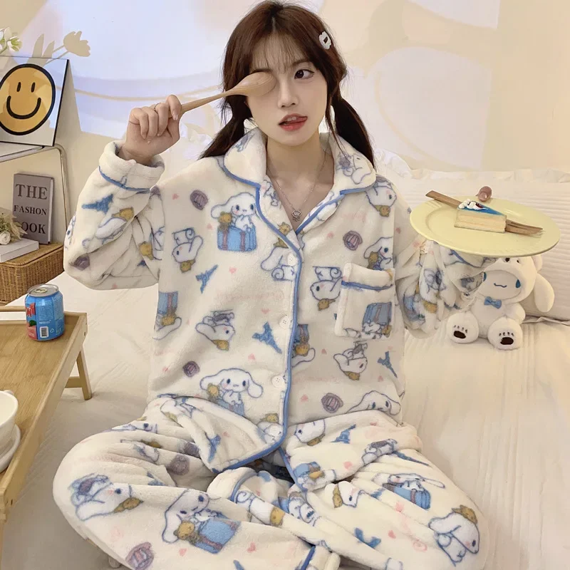 Sanrio pajamas winter cartoon warm long-sleeved lapel Sanrio women's suit Yugui dog loungewear Yugui dog women's pajamas