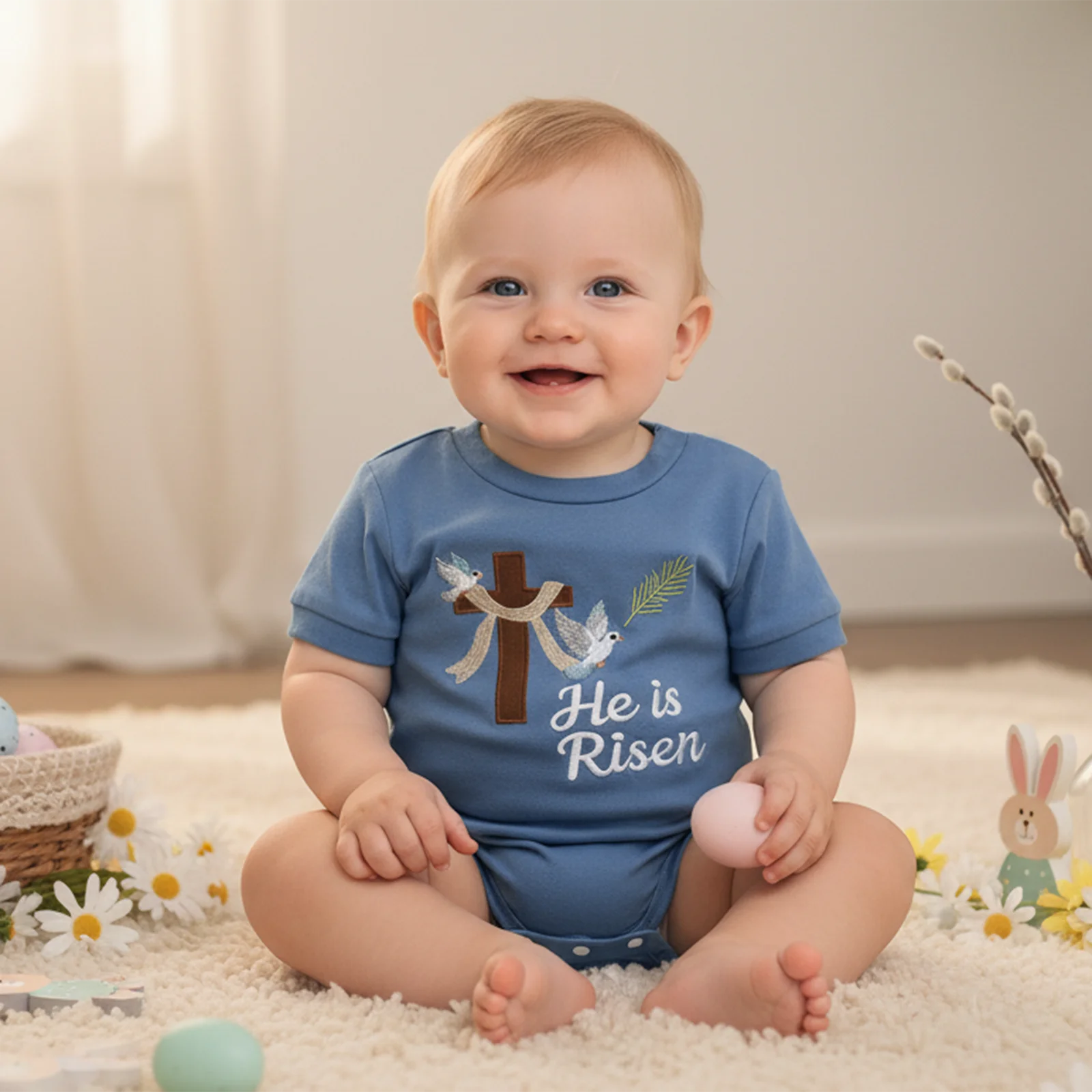 Cute Baby Boy Easter Jumpsuit Letter Bird Cross Embroidery Short Sleeve Round Neck Romper Baby Bodysuits Outfits