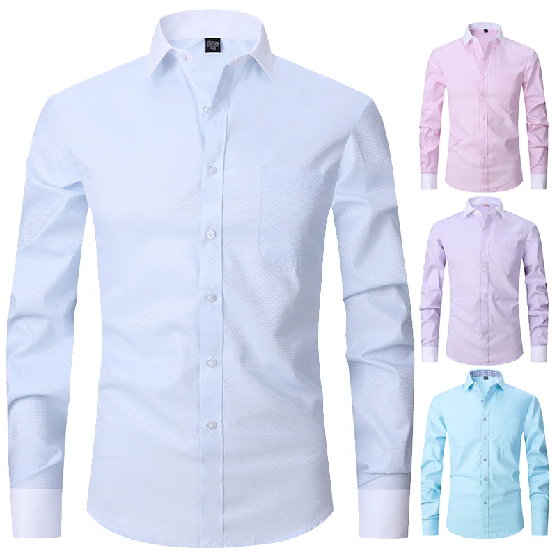 

Men's Classic French Cuffs Solid Dress Shirt Fly Front Placket Formal Business Standard-fit Long Sleeve Office Work White Shirts