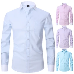 Men's Classic French Cuffs Solid Dress Shirt Fly Front Placket Formal Business Standard-fit Long Sleeve Office Work White Shirts