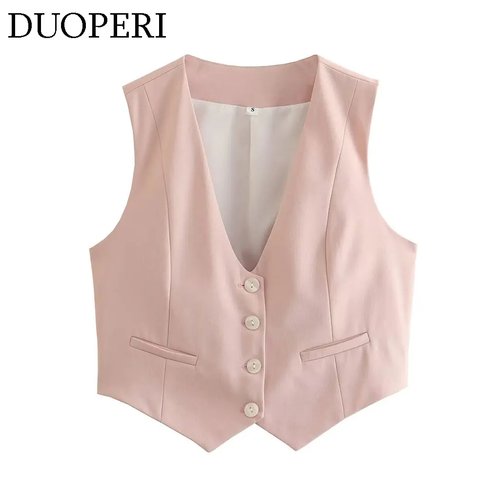 DUOPERI Women Fashion V-Neck Tops Vest Single Breasted Sleeveless Female Chic Office Lady Casual Basic Business Outfits Waistcoa