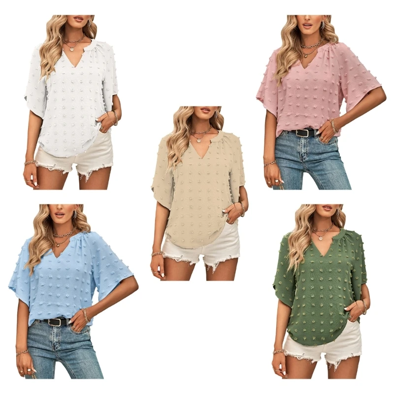 Womens Summer Half Sleeve Notched V-Neck T-Shirts Swiss-Dot Blouse Solid Color Casual Loose Top