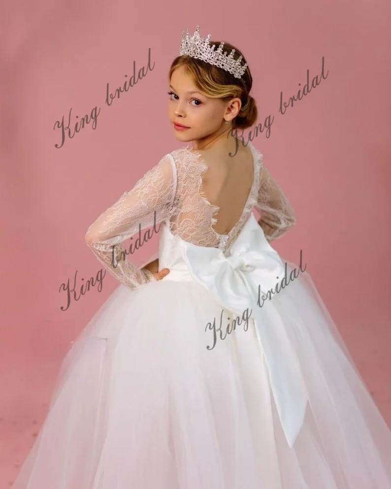 Handgefertigtes Kleinkindkleid, Festzugskleider für Mädchen, langärmelig, Spitze, Ball, Tüll, Blumenmädchenkleid, Mini-Brautmädchen-Hochzeitskleider