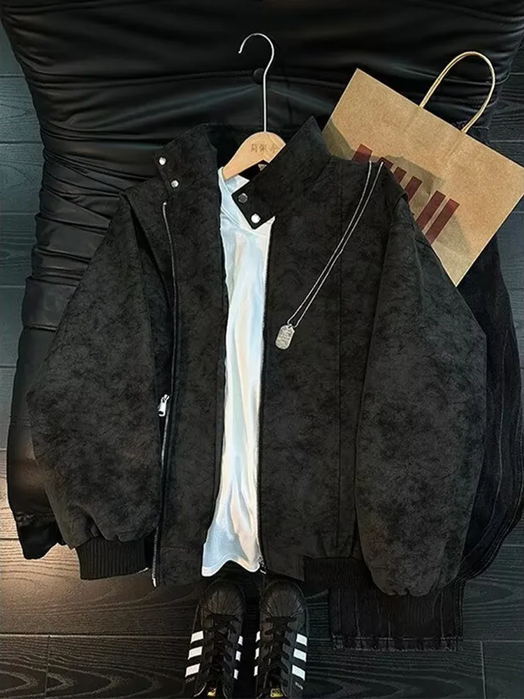 American Style Dyed PU Leather Jacket Men's Autumn Cool Biker High Collar Outerwear Cleanfit Machine Washable Long Sleeve Zipper