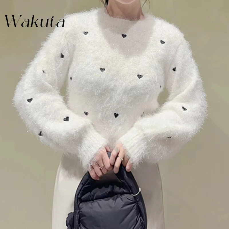 WAKUTA Autumn Japanese Sweet Round Neck Long Sleeves Knit Jumpers Cute Bright Silk Plush Love Print Embroidery Sweaters Свитер