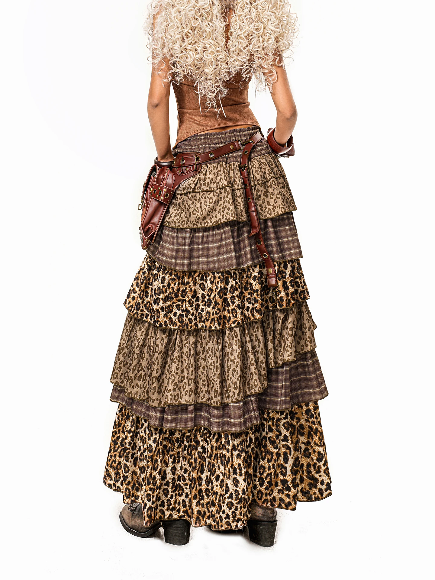 Arielink Vintage Plaid Leopard Print Patchwork  Skirt Women's Asymmetrical A-Line Cake Skirt Street Style Non-Stretch
