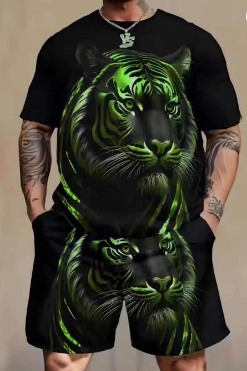 Summer Men's O Neck Short Sleeve Shorts Set 3D Tiger Printed Casual T Shirt Cool Personalized Streetwear Set Men's Sportswear