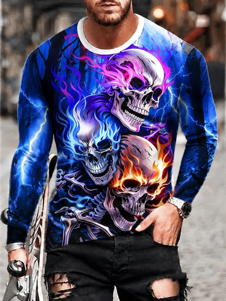Men's Blue Flame Skull Long Sleeve T-Shirt Purple Lightning Graphic Tee Pullover Tops Gift New Fashion Streetwear Dark Hot