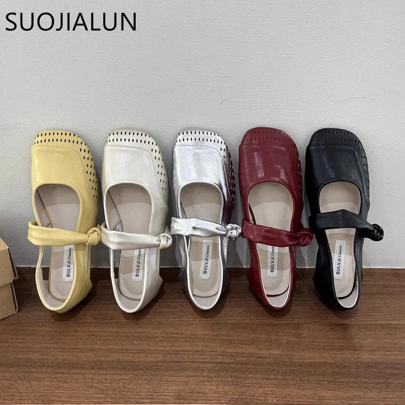

SUOJIALUN 2025 Autumn New Brand Square Toe Women Flat Shoes Fashion Hollow Out Ladies Casual Mary Jane Shoes Dress Ballerina