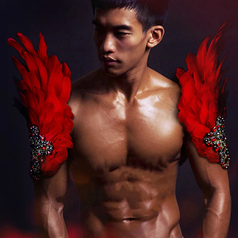 Stage Performance Rhinestones Feather Wing Shoulder Pads Red White DJ Women Male Gogo Dance Accessories Show Performance Costume