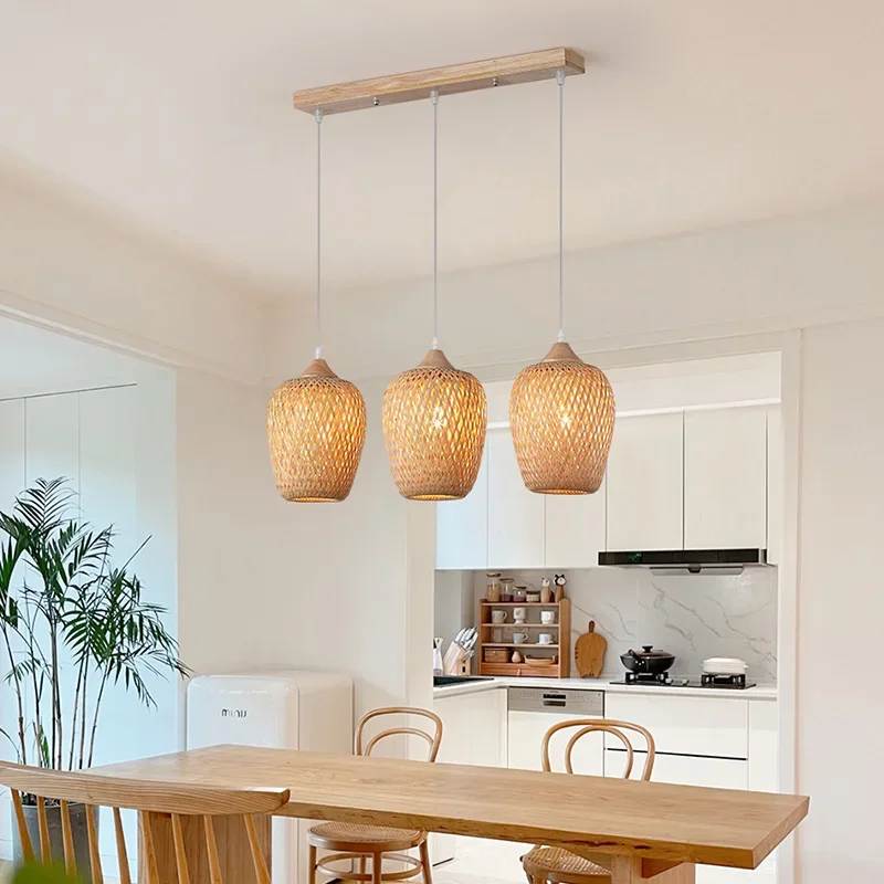 Janpanese Wabi-sabi Artistic Bamboo Basket Weaving LED Pendant Lights Hand-knitted Lamps for Bedroom Home Decoration Chandeliers