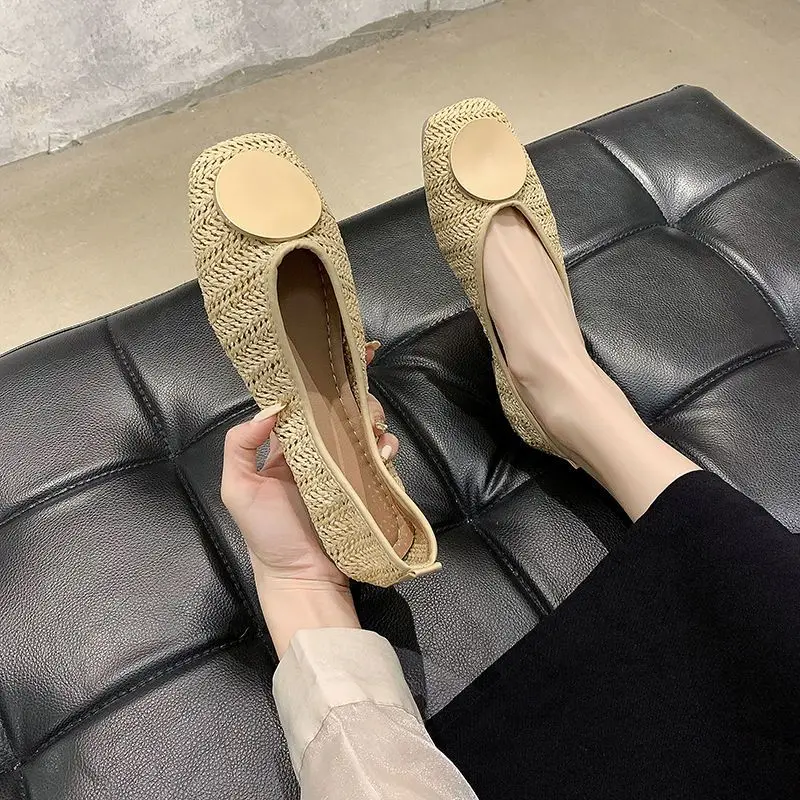 Buty dla kobiet 2024 Square Toe Ladies Summer Footwear Flats Low Heel Elegant Flat with Bow Casual 39 Shoe Vacation Korean Style