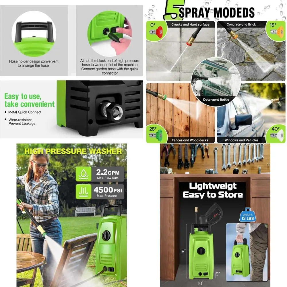 

Компактная мойка высокого давления 4500 фунтов на кв. дюйм с 20-футовым шлангом, 4 насадками, идеально подходит для дома, автомобилей и окон, зеленая