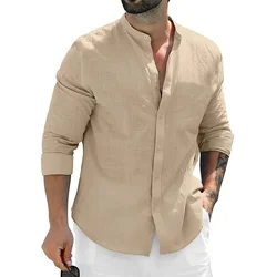 Men's shirt, long-sleeved shirt, solid color, round neck, single-breasted shirt, outdoor casual business office clothing, large