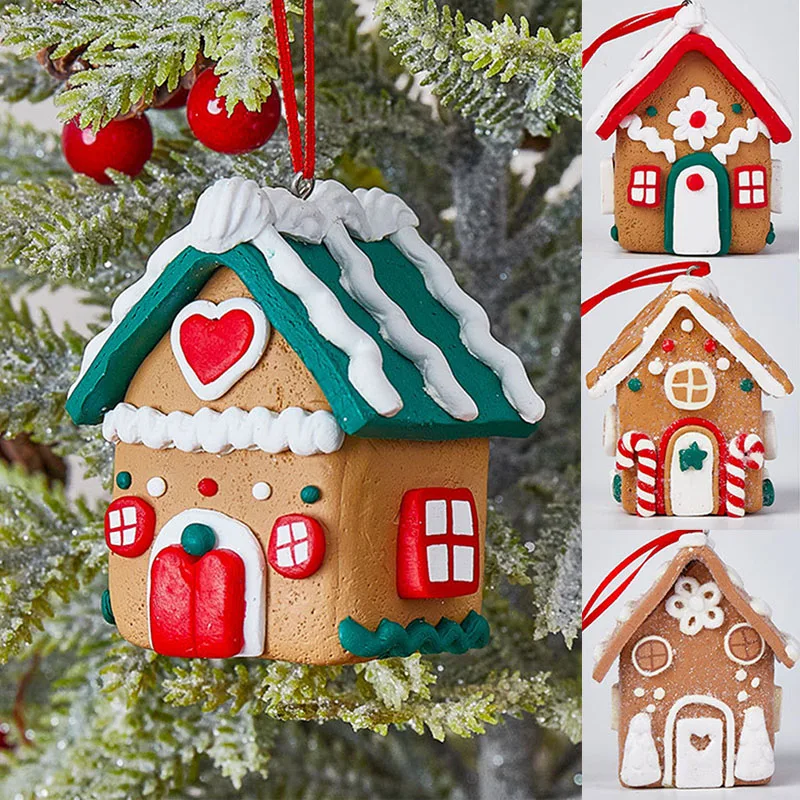 Soft Clay Christmas House Decoration Creative Multifunctional Xmas Tree Ornament with Rope Hangable Gingerbread House Pendant