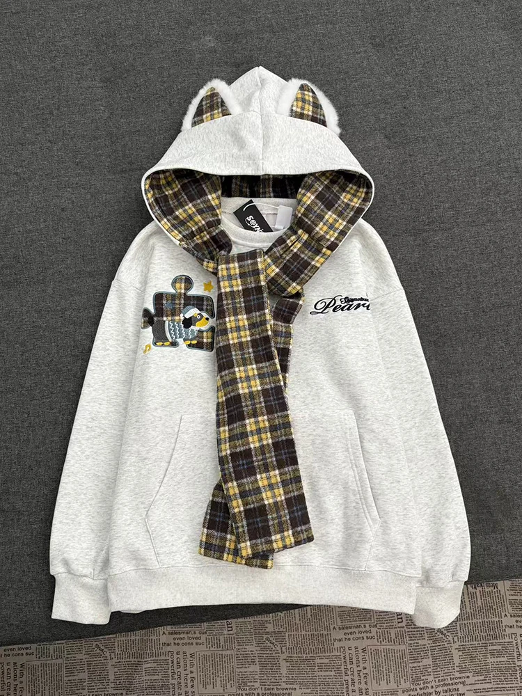 

Vintage Plaid Patchwork Hoodie Women Autumn Loose Embroidery Straps Sweatshirt Winter Thick Preppy All Match Female Pullover