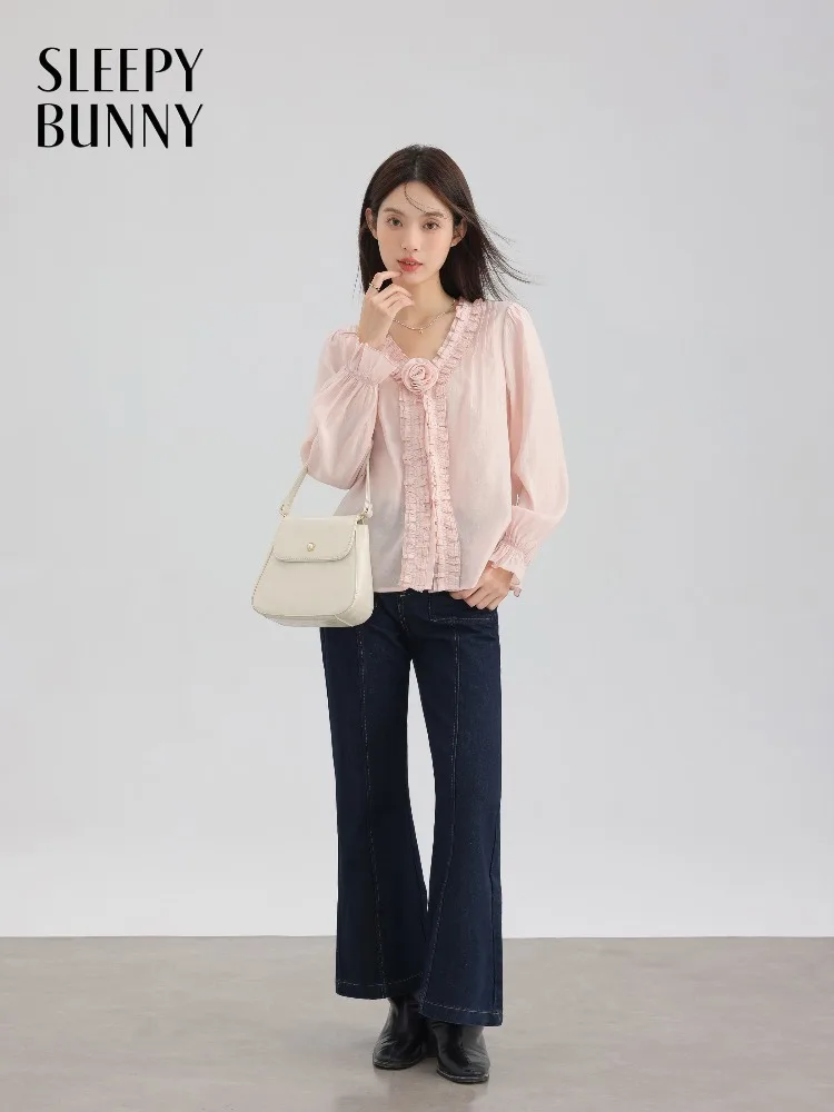 

Elegant Lady Blouse Sweet Loose Shirt Double Layer Ruffle V Neck Long Sleeve Top for Women Spring Casual French Style Outfit