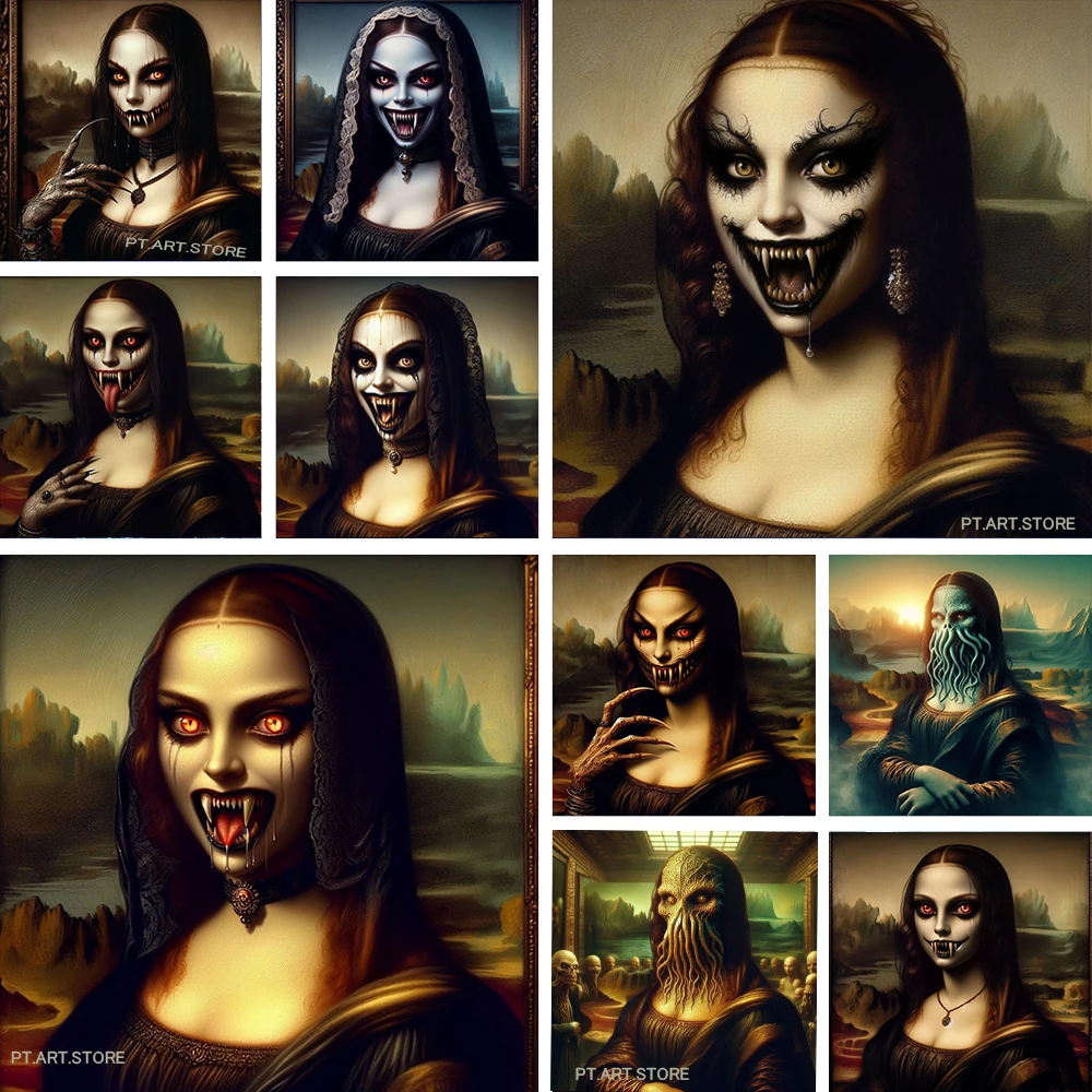 

Gothic Horror Vampire Mona Lisa Poster Print Dark Style Horror Creative Canvas Painting Halloween Art Living Room Home Decor