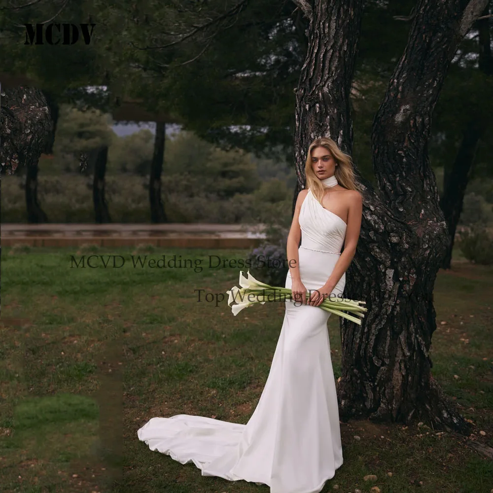 

MCDV One Shoulder Wedding Dresses 2025 Pearls Backless Mermaid Satin vestidos de novia For Women Sexy Bride Gowns Customized