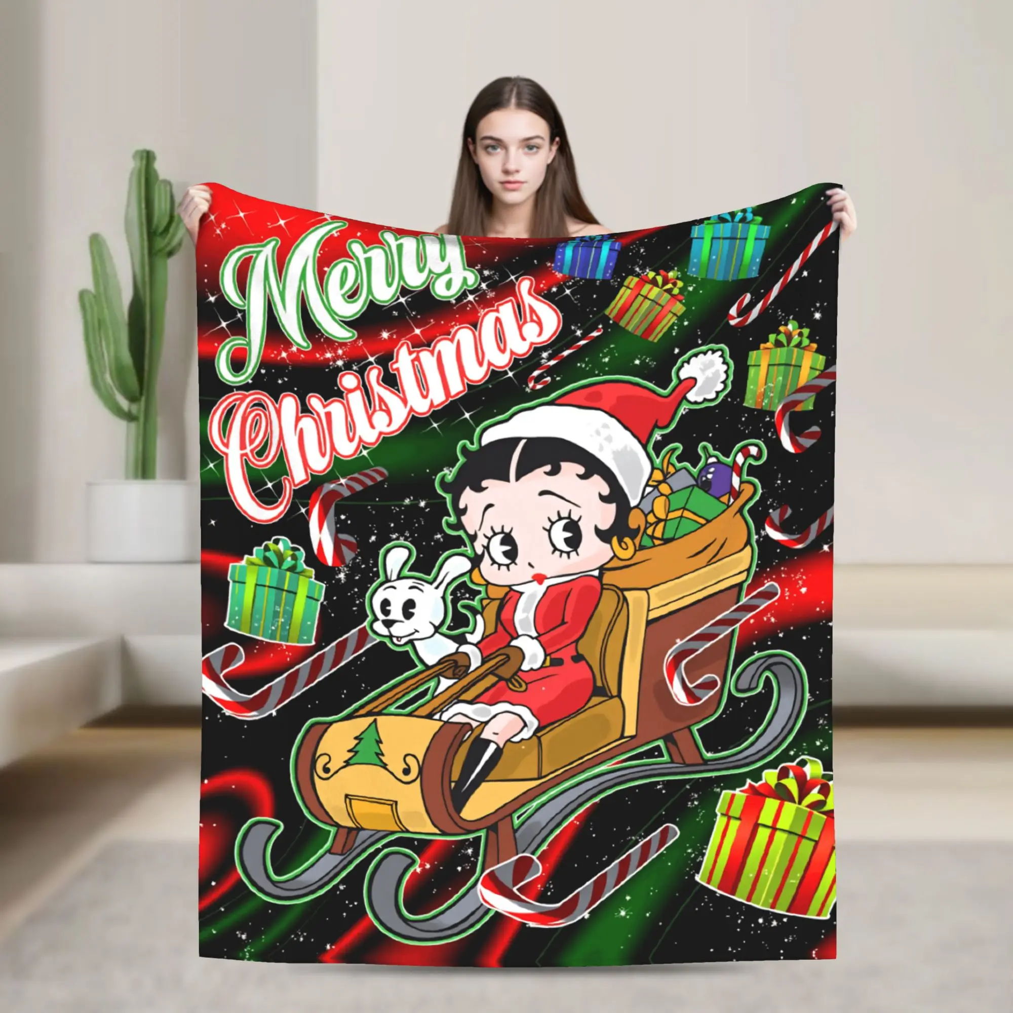 B-Bettys Boops Merry Christmas (2) Flannel Blanket  Warm Soft Throw Blanket for Bedroom Picnic Novelty Bedspread Sofa Bed Cover