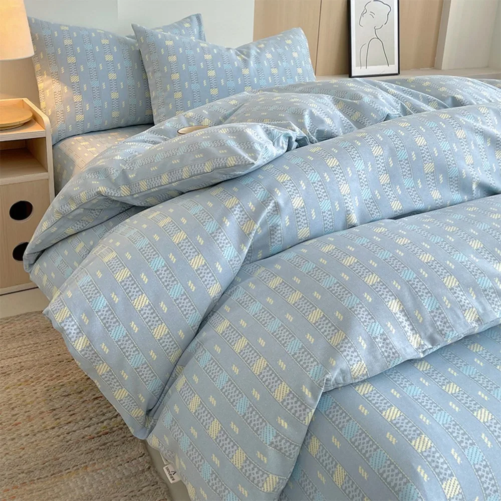 100% Cotton Old Coarse Cloth Four-piece Set Class A Thickened Simple Quilt Cover Flat/Fitted Bed Sheet Pillowcase Bedding Set